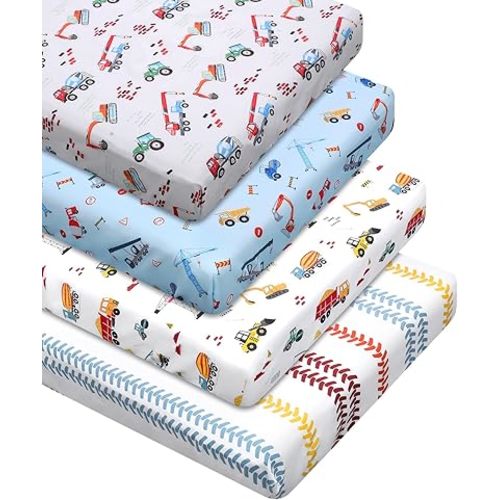 VitalCozy 4 Pcs Construction Truck Crib Sheet Set Baby Sheet Newborn Bedding Nursery Crib Sheets for Girl Boys Baby Gifts for Standard Crib and Toddler Mattresses, 52 x 28 x 8 Inches