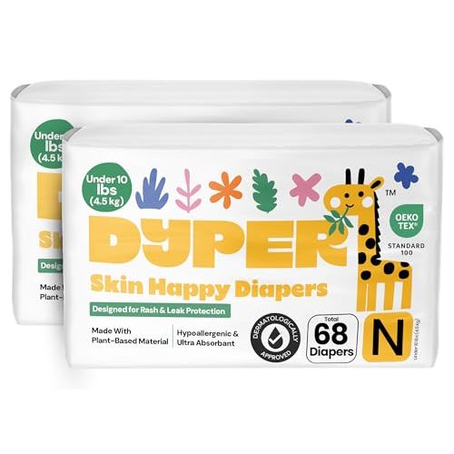 DYPER -Pack of 2 Newborn Baby Diapers Leak Proof Plant Based Hypoallergenic & Ultra Absorbent Disposable Diaper for Day & Overnight Skin-Friendly Comfort | Soft Newborn Diapers (Under 10lbs)