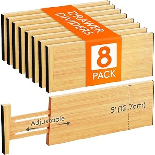 Lifewit 5" High 8 Pack Bamboo Drawer Dividers 33-42cm/13-16.5" Adjustable Wooden Drawer Organizer for Clothes/Utensils, Expandable Drawer Separator for Dresser/Kitchen/Bedroom/Office Organization