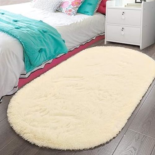 LOCHAS Bedroom Rug 2.6' x 5.3', Light Champagne Fluffy Shaggy Area Rug for Bedroom Bedside, Soft Oval Throw Rugs Carpet for Kids Girls Nursery Living Room Home Decor