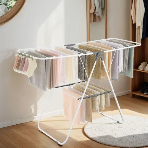 Free-Standing Metal Clothes Drying Rack with Sock Clips Foldable Laundry Drying Rack Space-Saving Design Clothes Dryer White and Gray
