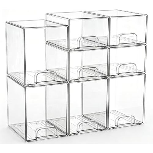 Clear Stackable Storage Drawers: Baby Bottle Storage Organizer, Acrylic Bottles Station Organizer Container for Countertop, Vanity, Bathroom, Cabinet Organization - 8 Pack