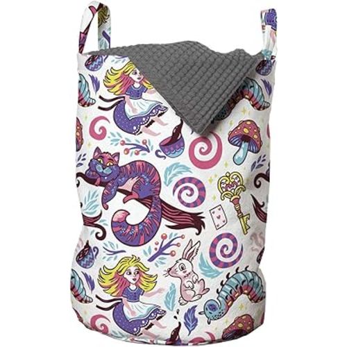 Ambesonne Alice in Wonderland Laundry Bag, Fantasy World Concept Hand-Drawn Caterpillar Cat Rabbit, Hamper Basket with Handles Drawstring Closure for Laundromats, 13" x 19", Multicolor