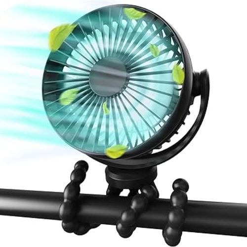 Stroller Fan, Flexible Tripod Clip On Baby Fan, 4 Speeds and Rotatable Mini Portable Fan, USB or Battery Powered, for Car Seats, Crib, Bike, Treadmills, Camping (Black plus)