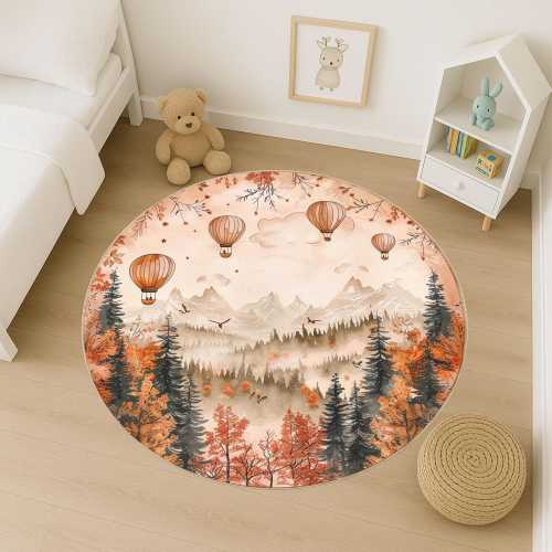 Woodland Nursery Round Rug, Hot Air Balloon Forest Playmat