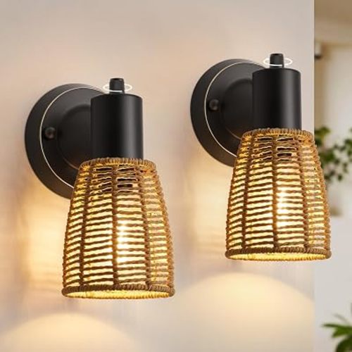 EJIAXIN Boho Rattan Wall Sconces Set of 2 - Vanity Lights for Bathroom Farmhouse Wall Light Fixtures with Rotary Switch - Black Indoor Wall Mount Lighting Rustic Lamp for Bedroom Living Room Hallway