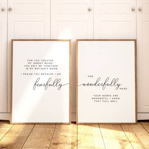 Nursery Wall Art Print Set of 2, Christian Wall Decor, Fearfully and Wonderfully Made, Baby Shower Gift, Minimalist Baby Room Newborn, Blush
