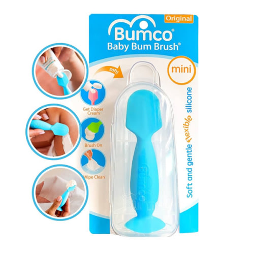 Bumco Mini Baby Diaper Cream Spatula with Case - BPA-Free Silicone Diaper Spatula with Suction Cup, Wipe-Clean Baby Bum Brush, Mom-Invented Butt Paste Applicator (Blue)