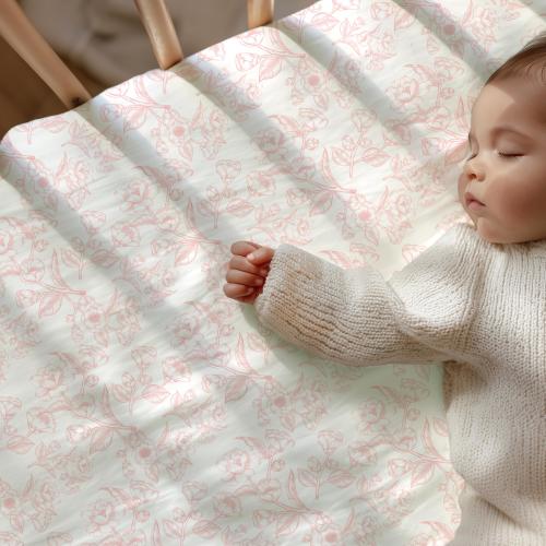 Pink Toile Floral Crib Sheet, Vintage French Baby Girl Bedding, Personalized Nursery Fitted Sheet