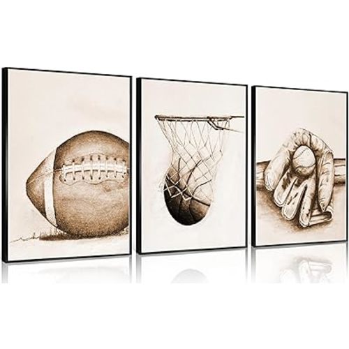 3Pcs Sports Wall Art Football Baseball Basketball Theme Painting Picture Wall Decor Vintage Sport Poster Print Artwork for Boy Room Playroom Bedroom Gameroom Home Decoration【UNFRAMED】