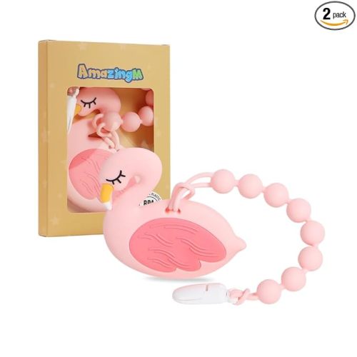 Baby Food Grade Silicone Teether Toy with Pacifier Clip Holder,Teething Toys Gift Set for 3 Months+ Boys and Girls,Freezer Safe,BPA Free. (Pink Flamingo)