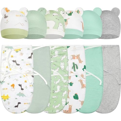 Ramede 6 Pack Swaddle Blanket with Hats for Baby Girl Boy 100% Cotton Swaddles 0-3 Months, Adjustable Breathable Skin Friendly Receiving Blanket Wrap, Essential for Newborns