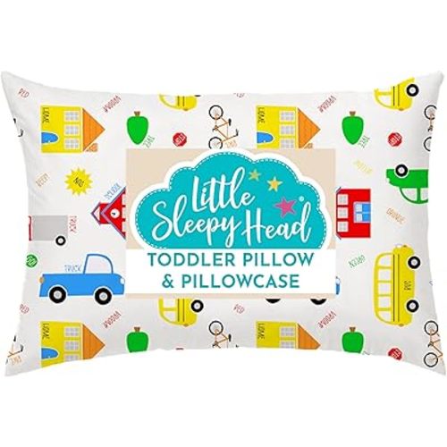 Toddler Bed Pillow with Cotton Pillow Case – 13x18 Kids Pillows for Sleeping, School, Travel & Daycare – Hypoallergenic Toddler Pillow 2 Year Old to 5 with Envelope Pillowcase(Trucks 'N Cars)