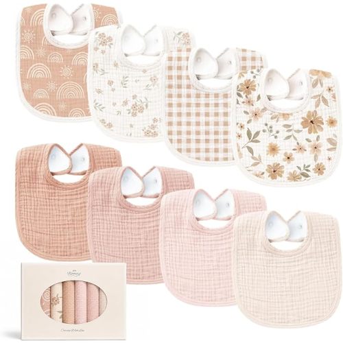 Konssy 8-Pack Muslin Baby Bibs, Adjustable Fit for Drooling and Teething | Soft Absorbent, Drool Bibs for Baby Boys Girls, Cotton Front with Fleece Backing, Newborn to Toddler 0-36M