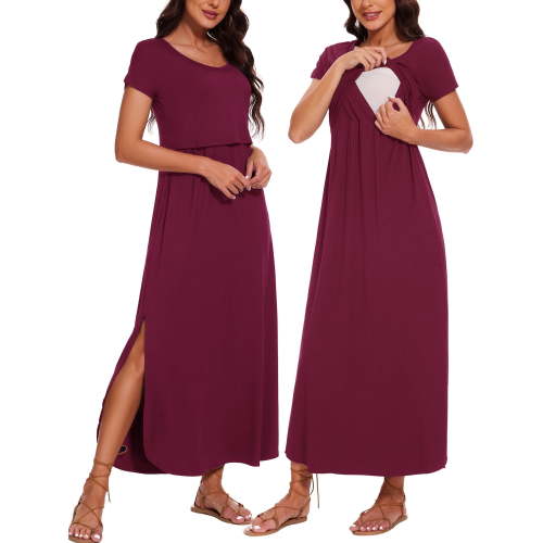 Women's Split Maternity Long Dresses Nursing Dresses for Breastfeeding