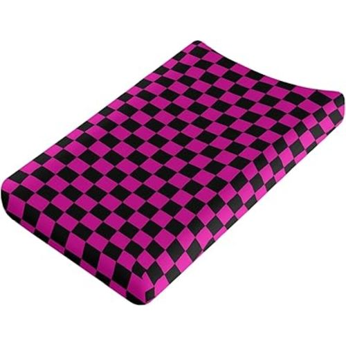 Deep Pink and Black Checkered Changing Pad Cover for Baby Girls Boys Cartoon Breathable Diaper Change Table Sheet Soft Stretchy Cute Change Table Mat Cover Fit 32x16