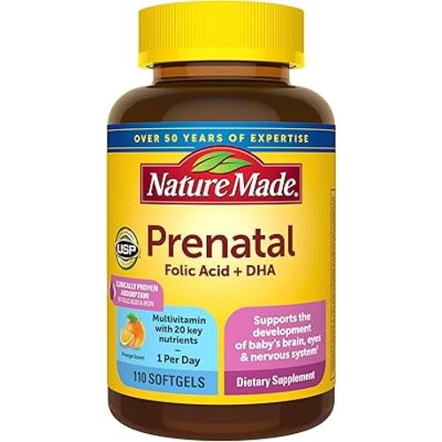 Nature Made Prenatal with Folic Acid + DHA, Prenatal Vitamin and Mineral Supplement for Daily Nutritional Support, 110 Softgels, 110 Day Supply