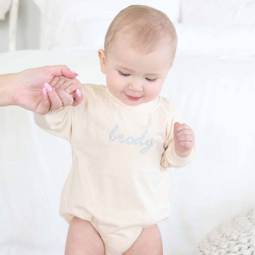 Embroidered Script Name Long Sleeve Bubble Romper | Caden Lane