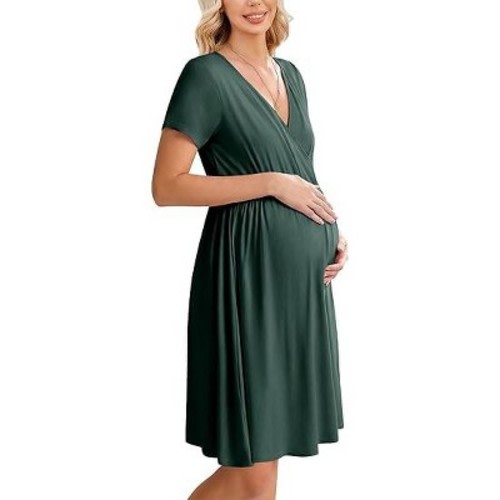 Ekouaer Women 3 in 1 Labor and Delivery Gown Split Front Flap Maternity Hospital Dress Nursing Nightgown for Breastfeeding Lake Green L
