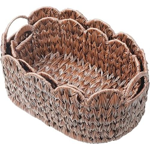Coeusy Wicker Scalloped Basket Set of 2,Woven Storage Baskets for Shelves,Closet,Laundry,Gift,Towels,Books,Toys,Waterproof Cute Decor Basket for Organizing,Brown