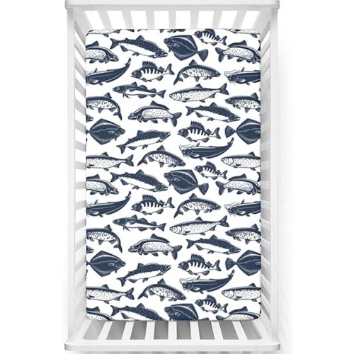 Fish Theme Themed Fitted Crib Sheet,Soft & Stretchy Fitted Crib Sheet - Baby Sheet for Boys Girls,Night Blue and White,52 x 28 Inch