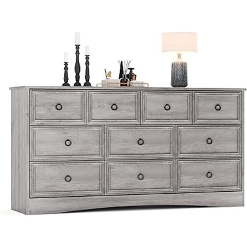 Grey 10 Drawer Dresser, 59" Large Dresser for Bedroom, Wood Chests of Drawers Metal Ring Pull, Textured Borders, TV Stand for 70 inch TV, Rustic Storage Dressers Organizer for Bedroom, Hallway