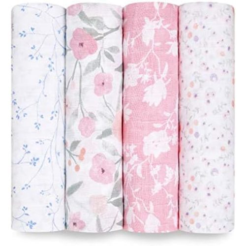 aden + anais Boutique Muslin Swaddle Blanket for Baby Girls and Boys, Newborn Receiving Blanket for Swaddling, 100% Muslin Cotton Swaddle Wrap, 4 Pack, Mon Fleur