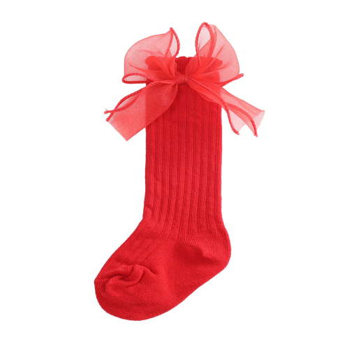 FAOWME Baby Socks Fashion Soft Calf Socks Knee High Lace Large Bow Knot Stockings Red 0-6 Months