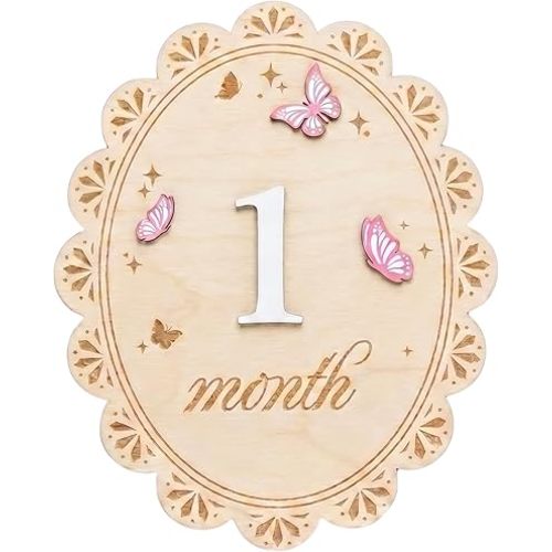 Baby Monthly Milestone Sign Wooden, 1-12 Month Baby Girl Photo Prop, Engraved Milestone Board with 3D Butterfly Design, Newborn Photoshoot Props Double-Sided, Baby Photoshoot Prop Gift (QR1)