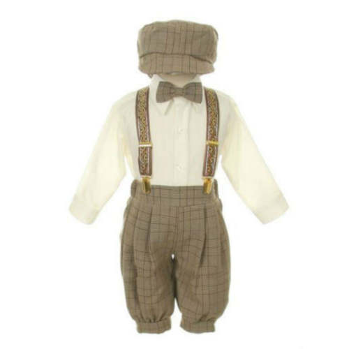 Boys Knickers Vintage Outfit Set Formal Overall Suit Short - Ivory / Brown