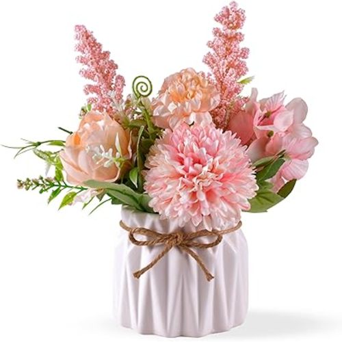 Artificial Potted Flowers Pink, Small Ceramic Vase Fake Flower Plants Desktop Decoration Indoor for Home and Office, Faux Flowers Hydrangea Decora for Table,Bookshelf,Bedroom,Living Room,Party.(Pink)