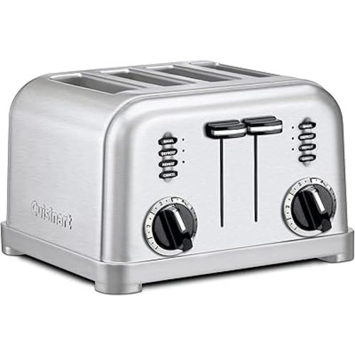 Cuisinart 4 Slice Toaster, Compact Stainless Steel Toaster with Extra-Wide Slots for Toasting Bread, French Toast, Bagels and Pastries, Defrost & Reheat Functions, CPT-180P1, Brushed Stainless