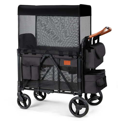 UBesGoo Wagon Stroller for 2 Kids, High Seat & 5 Point Harness, Foldable All-Terrain Wagon for Toddler with Removable Canopy, Adjustable Handlebar, Large Storage Bag, Black
