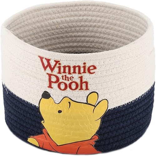 YAHUAN Cotton Rope Basket with Bear-Patterned Cotton Rope Storage Basket Collapsible Blanket Basket with Handles(blue white)