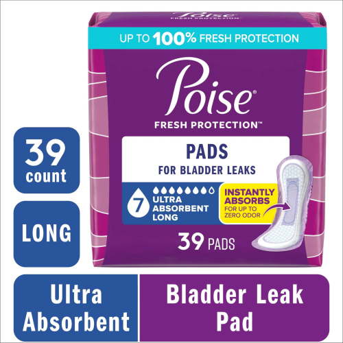 Poise Incontinence & Postpartum Pads for Bladder Leaks, 7 Drop Ultra Absorbency, Long Length, 39 Count HSA/FSA Eligible