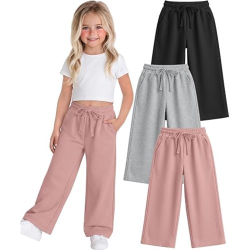 Ficerd 3 Pack Baby Girls' Wide Leg Sweatpants | Toddler Girls 18M-5T, High Waist, Loose Pants, Drawstring, Baggy, Bottoms with Pockets, Cute, Casual, Going Out, Go To School