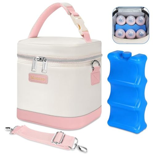 Mancro Breast Milk Cooler Bag with Ice Pack, Baby Bottle Bag Holds 6 Bottles Up to 9oz, Leak-Proof Insulated Storage for Nursing Moms, Daycare or Travel, Pink & Beige