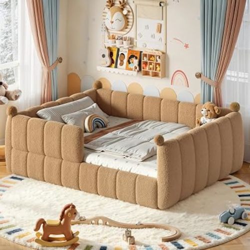 Bellemave Queen Size Upholstered Montessori Floor Bed with Fence,Natural