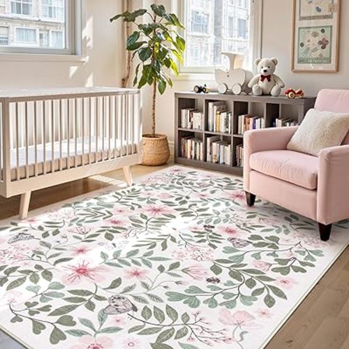 Lahome Reverie 8x10 Pink Floral Rug for Nursery & Girls Room, Washable Carpet for Boho Pink Home Decor, Non-Slip Carpet for Playroom, Toddler Retreat, Apartment Living Space