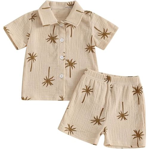Baby Boys Clothes Set Toddler Infant Boys Button-down Shirt Tops + Cotton Gauze Shorts Summer Outfit 2PCS with Pockets