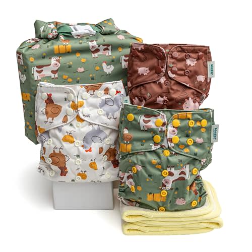 Kinder Cloth Diapers Reusable Baby Diapers Pocket Style Athletic Wicking Jersey, Bamboo Viscose Inserts, Wet Bag, Newborn to Potty Training 7-60lbs, One Size (On the Farm, 3 Pack, with Inserts)
