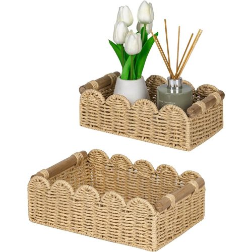 CubesLand Scalloped Edge Decor Baskets for Home, Living Room, Toilet Paper Storage Basket for Over Toilet Shelf, End Table,Shelves and More, Small Paper Rope Baskets Both Storage&Decor, Set 2 Beige