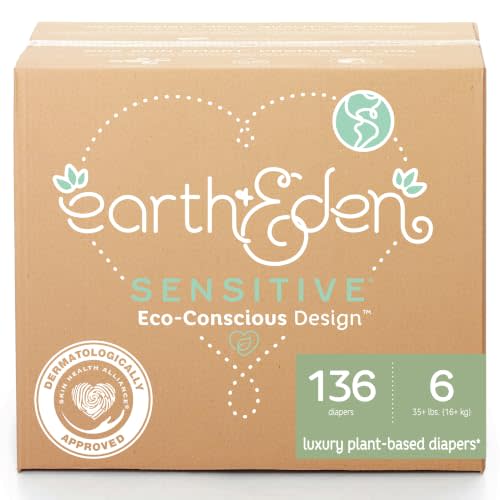 Earth & Eden Sensitive Baby Diapers, Size 6, No Harsh Chemicals, 136 ct | Eco-Conscious, Hypoallergenic, No Harsh Chemicals, Dermatologically Approved