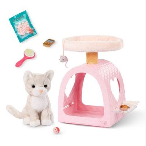 Our Generation Purrfect Retreat Pink Cat House Tree Condo with Bed, Pet Plush Kitten & Accessories for 18" Dolls: 11-Piece Play Set
