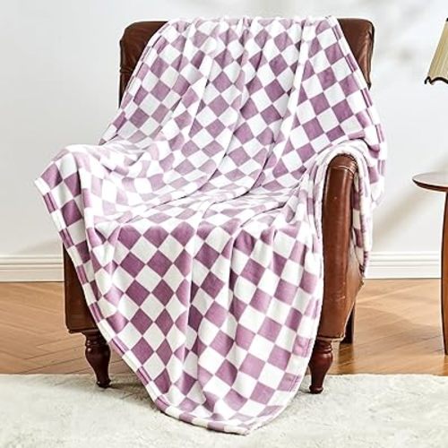 Checkered Blanket Flannel Throw Blankets Soft Cozy Checkered Grid Print Chessboard Gingham Pattern Throws for Bed Sofa Couch for All Seasons, 50x60 Inch, Purple