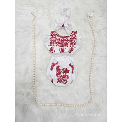 Embroidered Baby Girl Outfit: Poplin Crop Top, Bloomer & Headband