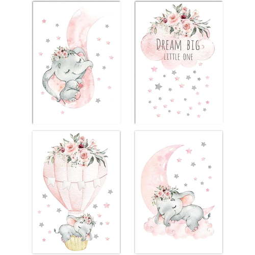 Pink Elephant Nursery Canvas Wall Decor Set of 4 Baby Girl Room Decor Elephant Wall Art Goodnight On A Hot Air Balloon |Dream Big Little one|(8x10in)(Unframed)