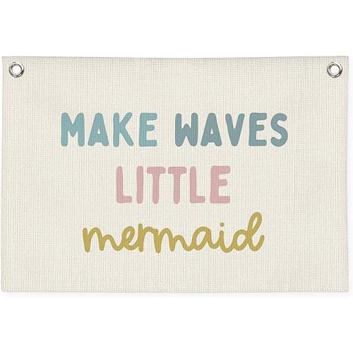 Mermaid Girls Room Decor, Ocean Room Decor Kids Wall Banner, Make Waves Little Mermaid Wall Hanging Banner Decor for Baby Nursery Little Girls Playroom Bedroom Bathroom 20x30