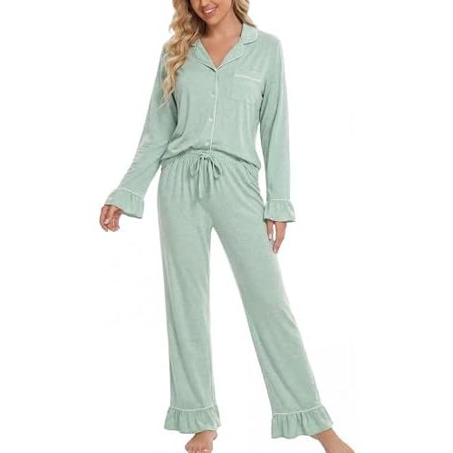 Women Bamboo Viscose Pajama Sets Ruffled Cuff Hem Long Sleeve Fancy Yarn 2 Piece Loungewear Loose Fit Drop Shoulder