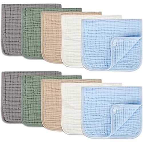 Muslin Burp Cloths Set for Babies 100% Cotton Baby Washcloths, Large 20''x10'' Extra Absorbent and Soft 10 Pack for Boys & Girls Blue Grey Green